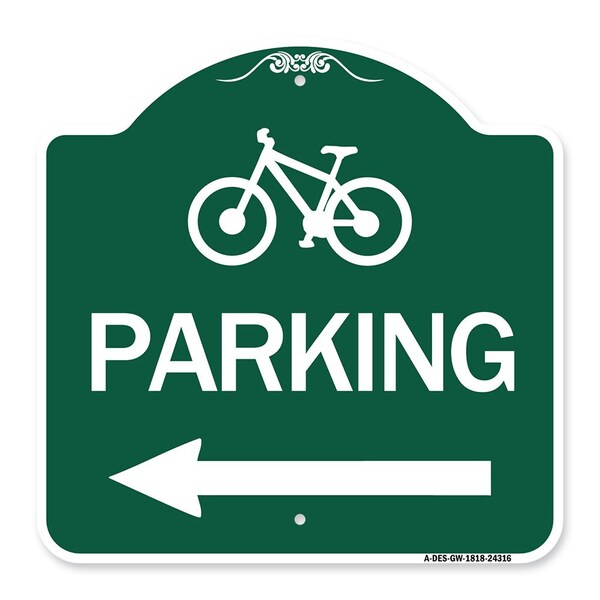 Signmission BicycleParking Left Arrow, Green & White Aluminum Architectural Sign, 18" x 18", GW-1818-24316 A-DES-GW-1818-24316 - main